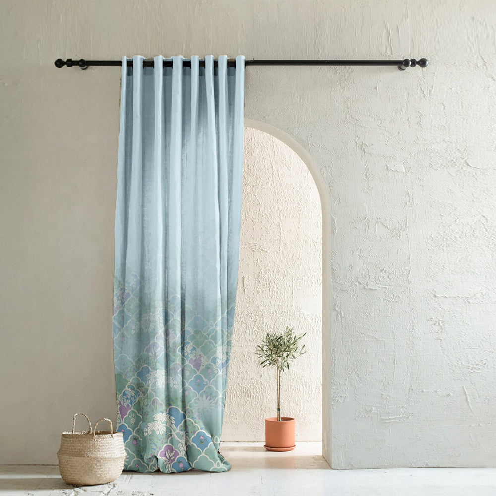Icy Petals Indie Pastel Blue Heavy Satin Room Darkening Curtain Set of 1pc - (DS612)