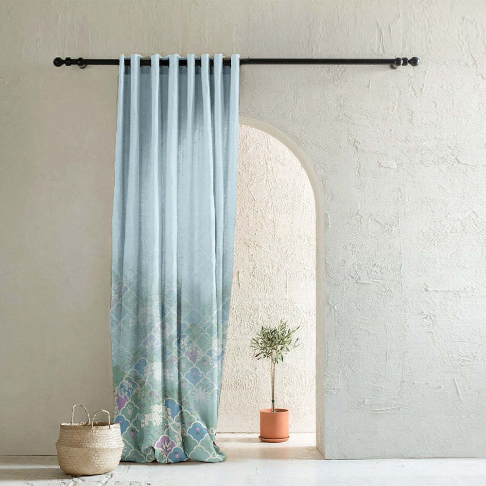 Icy Petals Indie Pastel Blue Heavy Satin Room Darkening Curtain Set of 1pc - (DS612)