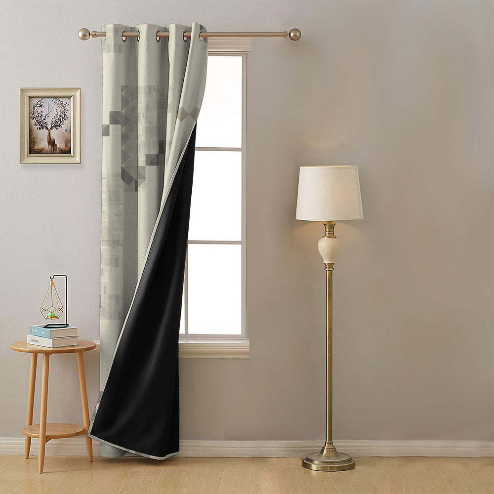 Ivory Maze Geometric Eggshell Beige Heavy Satin Blackout Curtain Set of 1pc - (DS613)