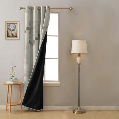 Ivory Maze Geometric Eggshell Beige Heavy Satin Blackout Curtain Set of 1pc - (DS613)