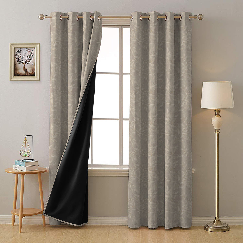 Bloomscape Floral Vanilla Beige Heavy Satin Blackout Curtain Set of 2 - DS614