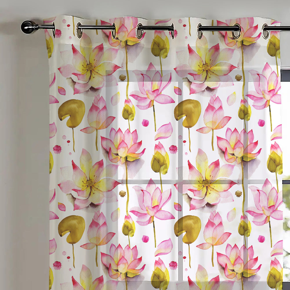 Elegant Floral Print Sheer Semi Transparent Curtain - Set of 2 -DS06A1