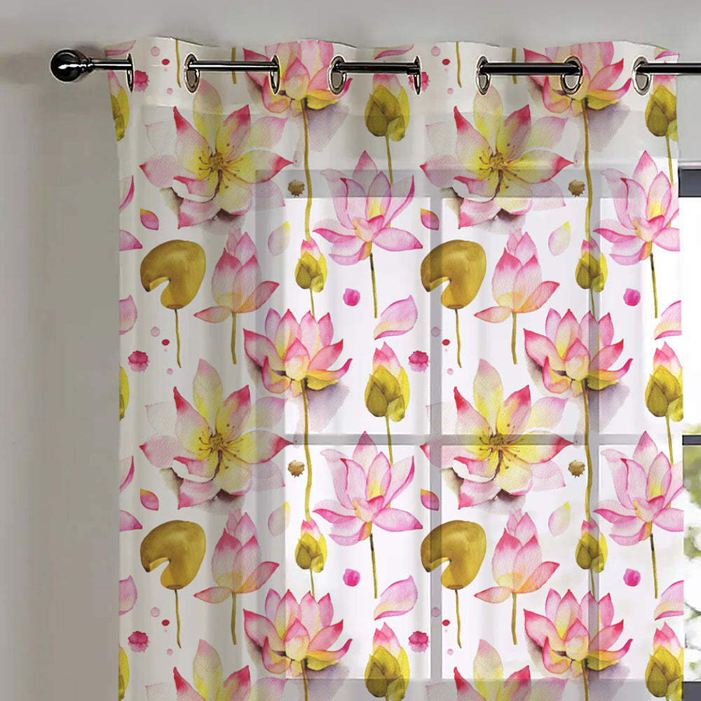 Elegant Floral Print Sheer Semi Transparent Curtain - Set of 2 -DS06A1