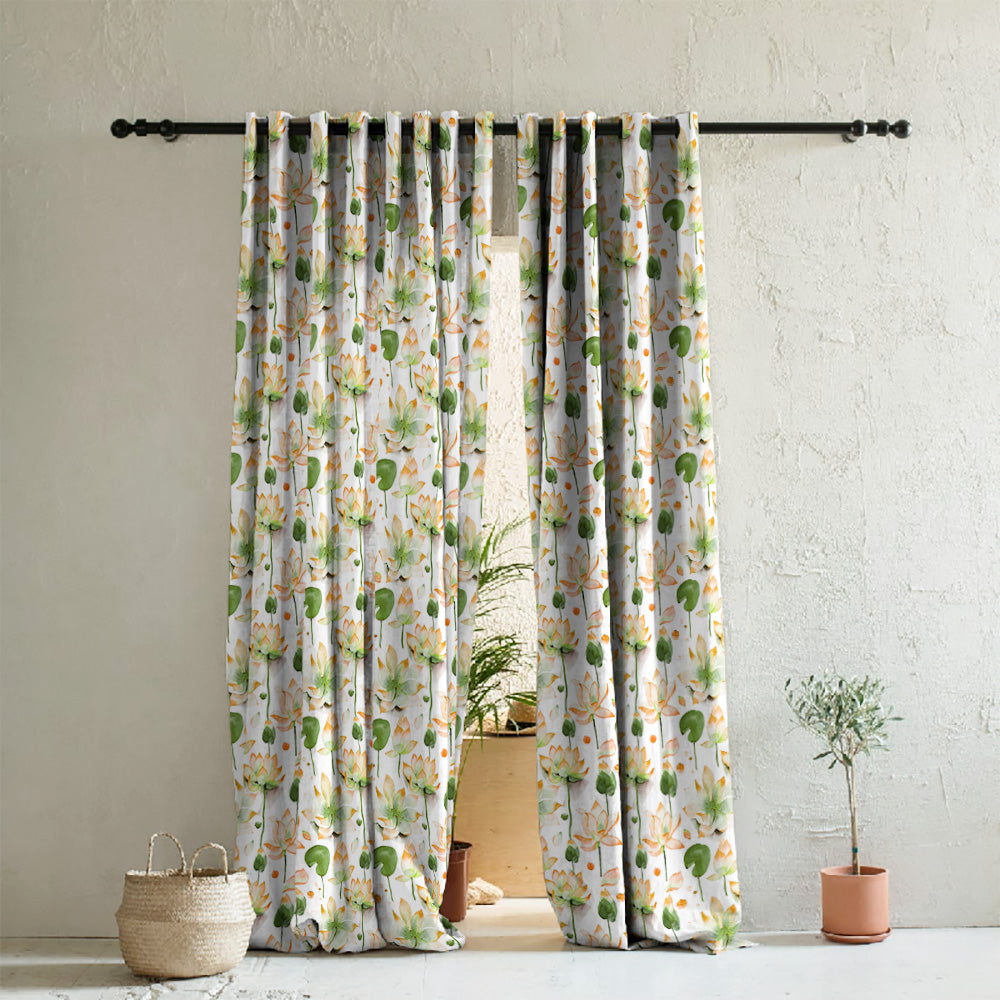 Lotus Dreams Floral Orange Heavy Satin Room Darkening Curtains Set Of 2 - (DS6B)