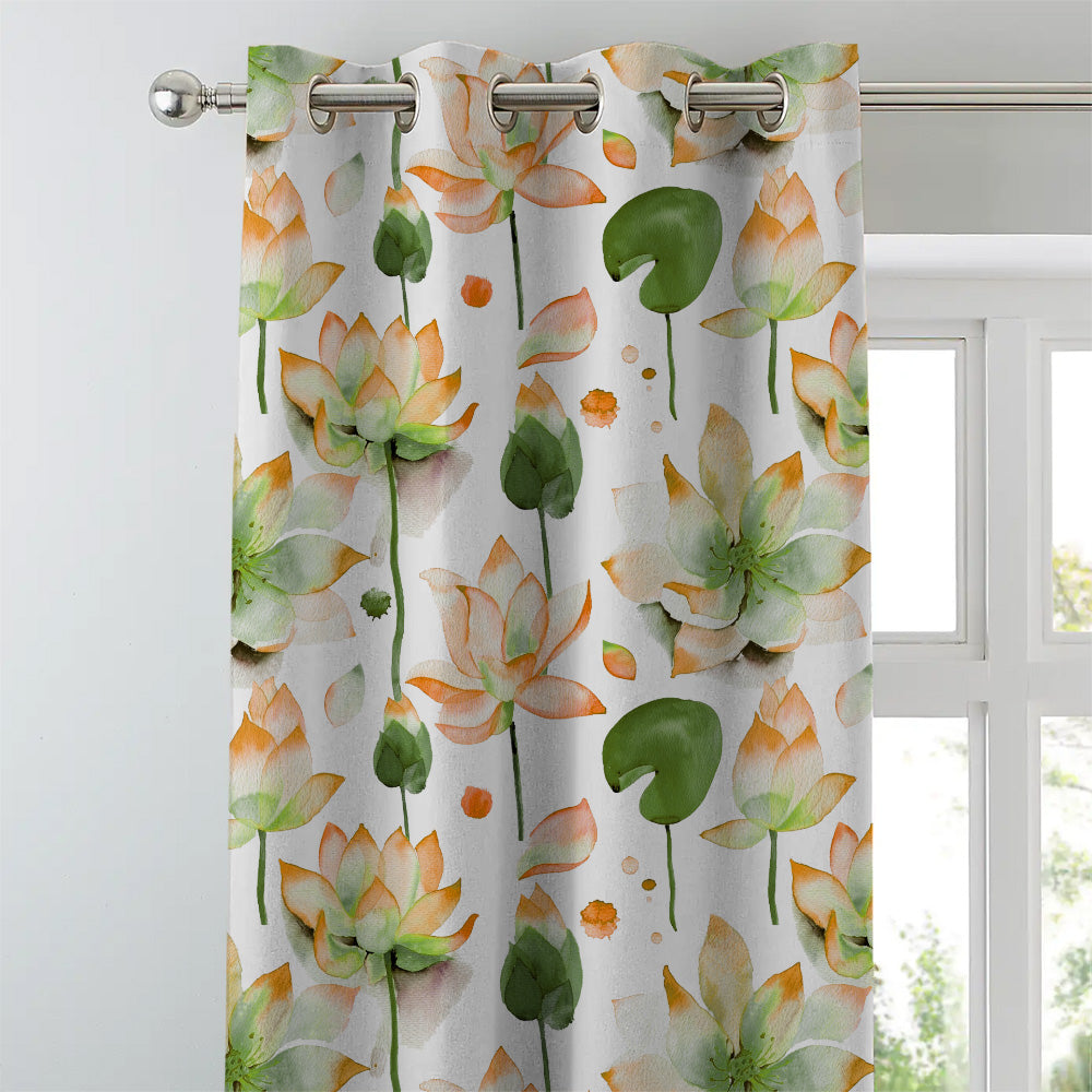 Lotus Dreams Floral Orange Heavy Satin Room Darkening Curtains Set Of 2 - (DS6B)