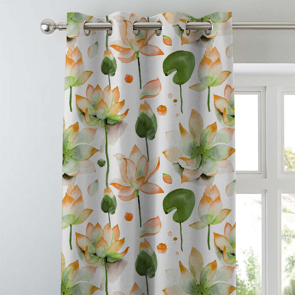 Lotus Dreams Floral Orange Heavy Satin Room Darkening Curtains Set Of 2 - (DS6B)