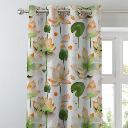 Lotus Dreams Floral Orange Heavy Satin Room Darkening Curtains Set Of 2 - (DS6B)