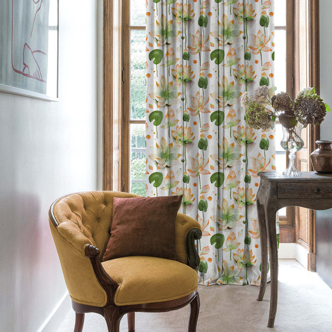 Lotus Dreams Floral Orange Heavy Satin Room Darkening Curtains Set Of 2 - (DS6B)