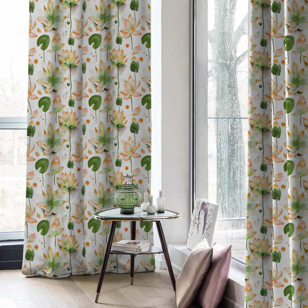 Lotus Dreams Floral Orange Heavy Satin Room Darkening Curtains Set Of 2 - (DS6B)