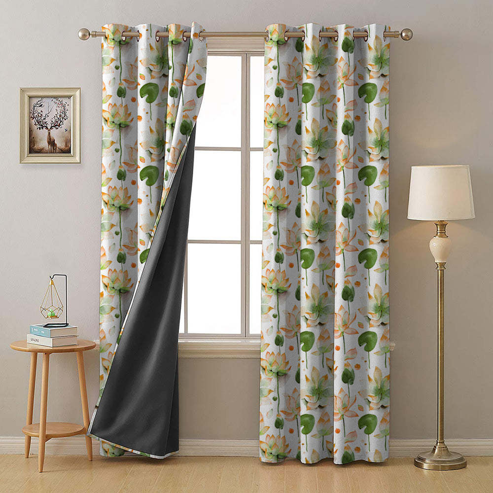 Lotus Dreams Floral Orange Heavy Satin Room Darkening Curtains Set Of 2 - (DS6B)
