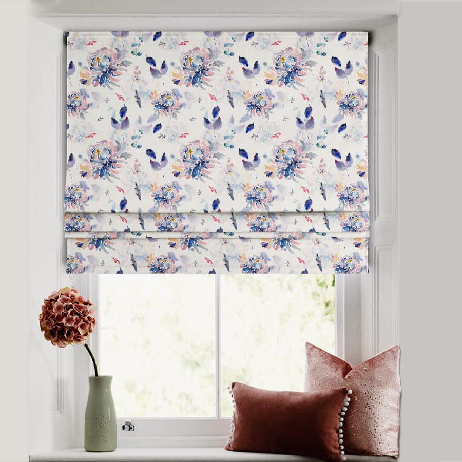 Aquarelle Garden Floral Blue Satin Roman Blind (DS72A)