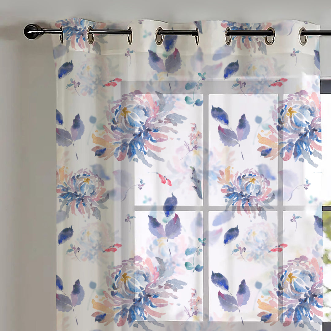 Elegant Floral Print Sheer Semi Transparent Curtain - Set of 2 -DS72A