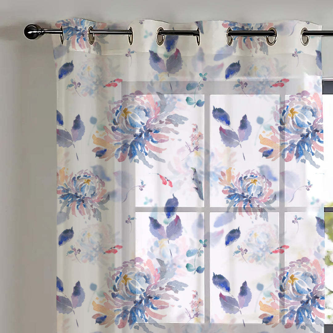 Elegant Floral Print Sheer Semi Transparent Curtain - Set of 2 -DS72A