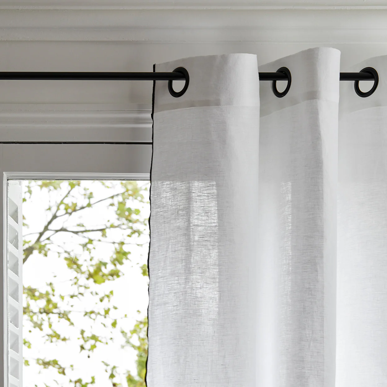 CARLINA Pure White Eyelet Curtains with Black Borden Trim