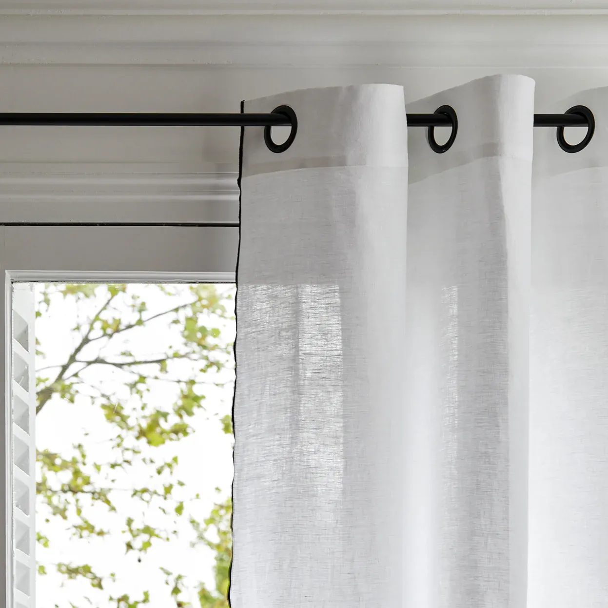 CARLINA Pure White Eyelet Curtains with Black Borden Trim