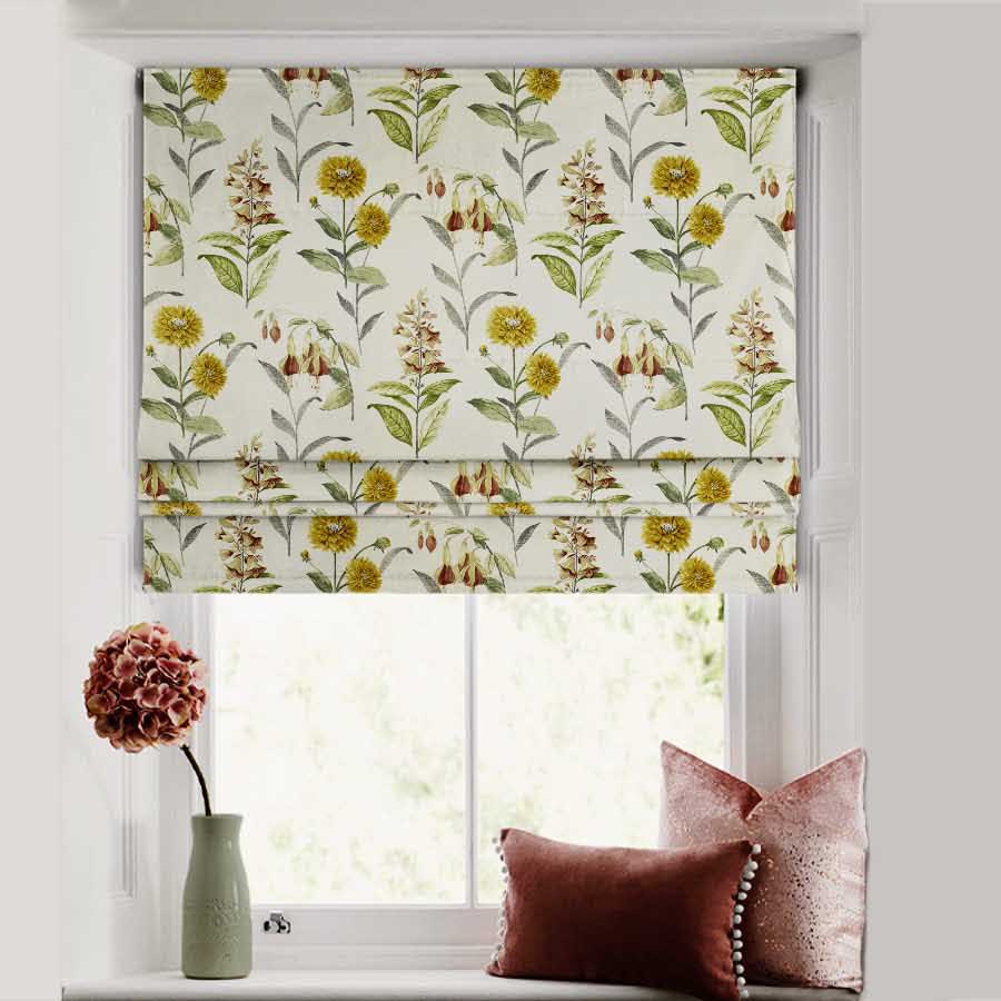 Sunny Delight Floral Mustard Yellow Satin Roman Blind (DS90A)