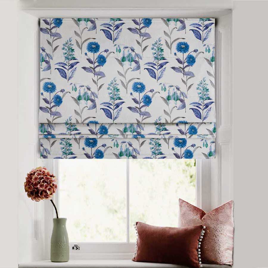 Sunny Delight Floral Powder Blue Satin Roman Blind (DS90D)