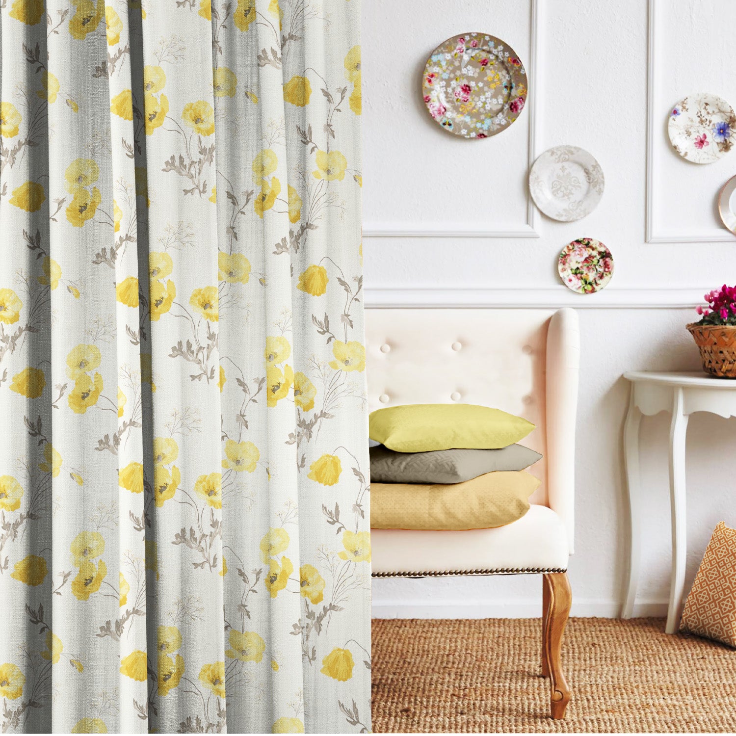 Elegant Floral & Ombre Print Combination Room Darkening Curtains - Set Of 4 Door Curtain (133ALINES3) - Yellow & Cream