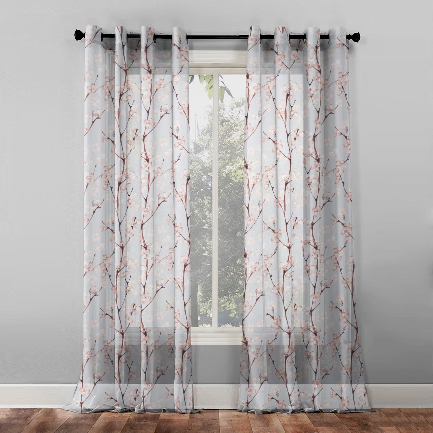 Elegant Floral Print Sheer Semi Transparent Curtain - Set of 2 -DS263A