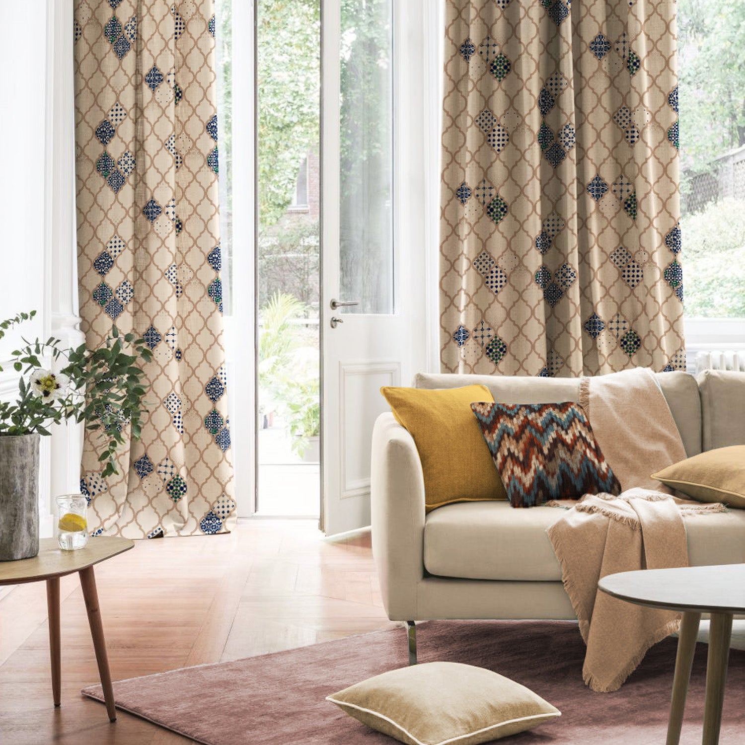 Elegant Ethnic & Ombre Print Combination Room Darkening Curtains - Set Of 4 Door Curtain (452AMR2) - Blue & Cream
