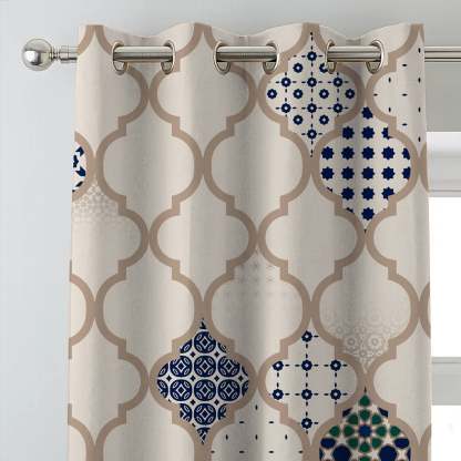 Elegant Ethnic & Ombre Print Combination Room Darkening Curtains - Set Of 4 Door Curtain (452AMR2) - Blue & Cream