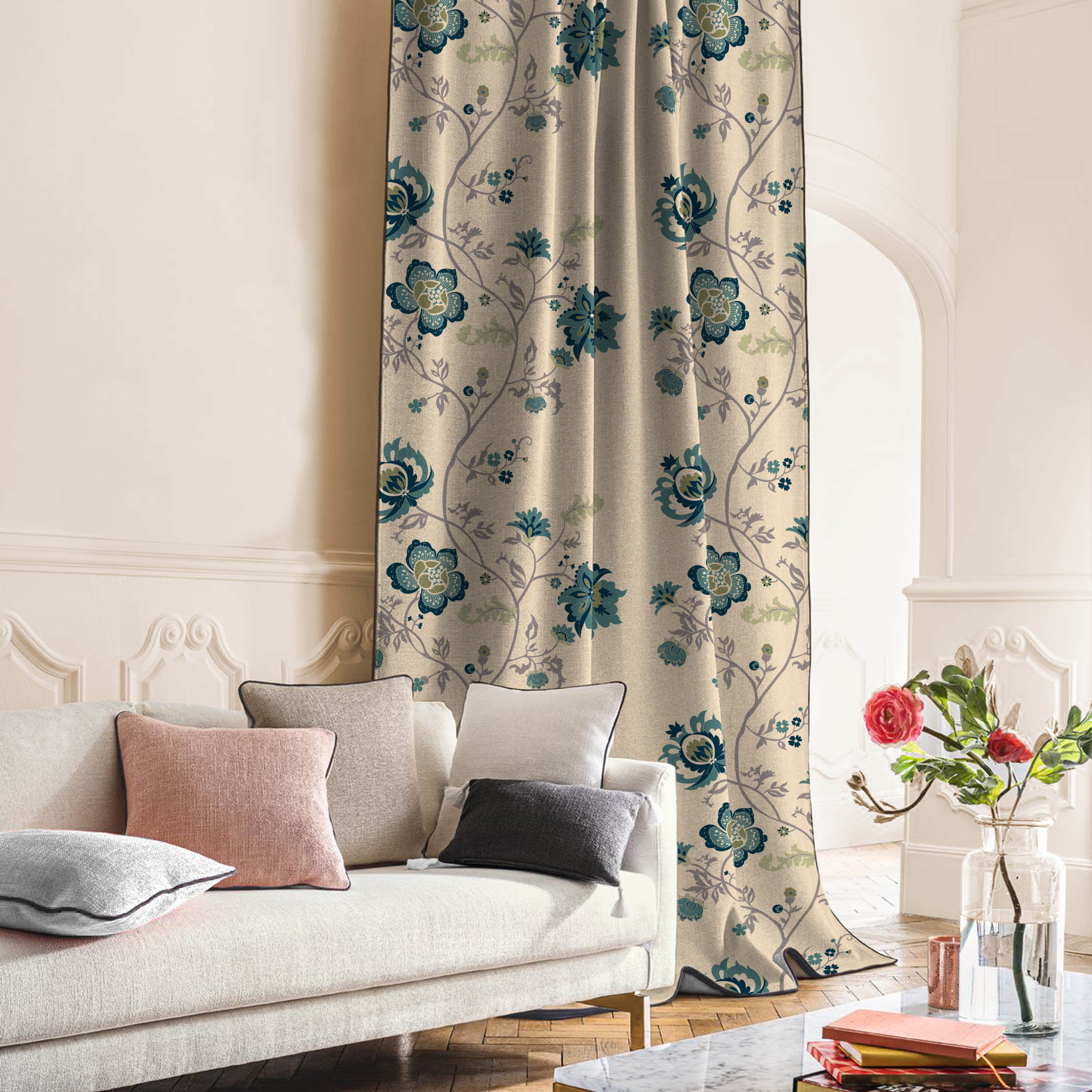 Elegant Floral Print Matt Finish  Room Darkening Curtain Set Of 1pc -  MTDS516D