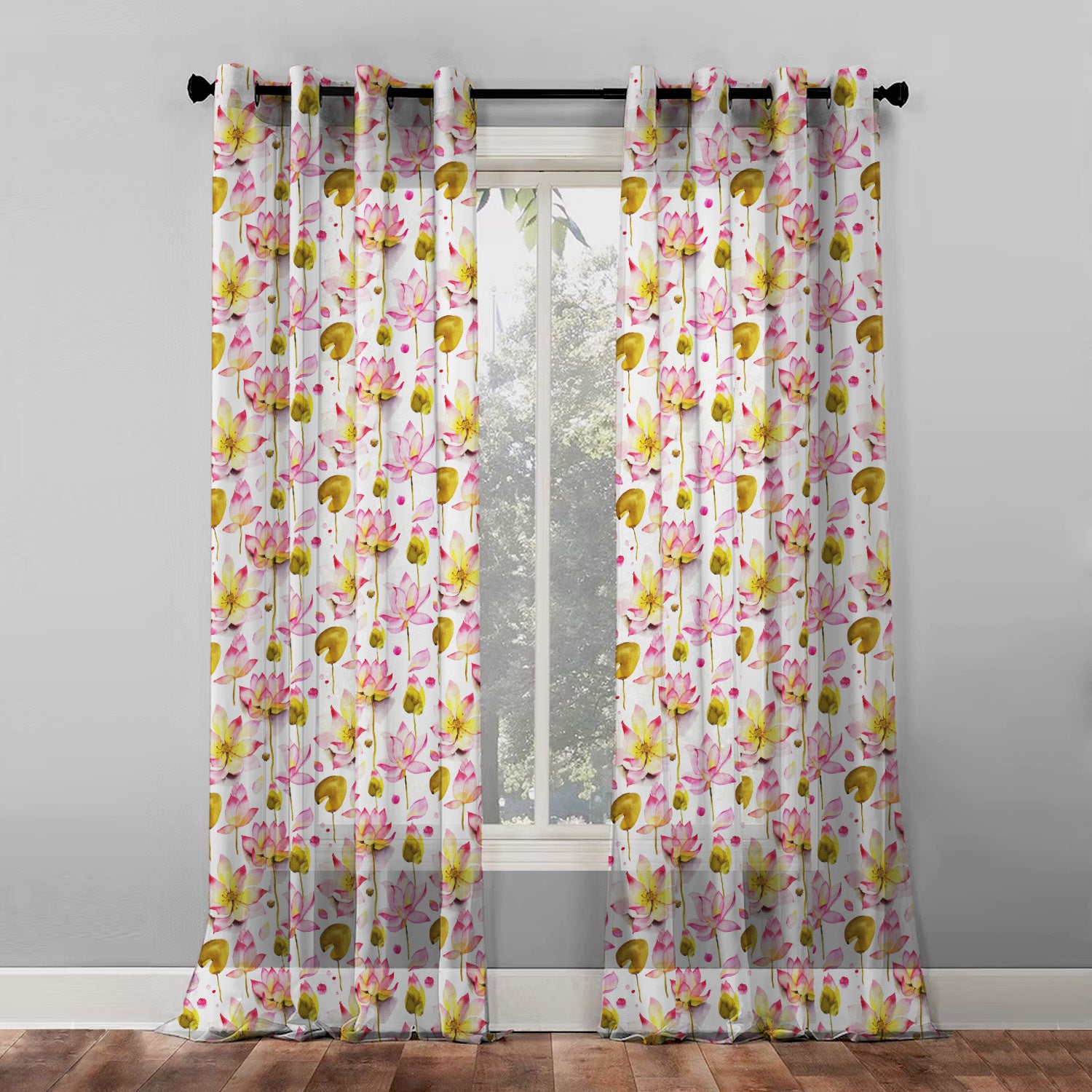 Elegant Floral Print Sheer Semi Transparent Curtain - Set of 2 -DS06A1