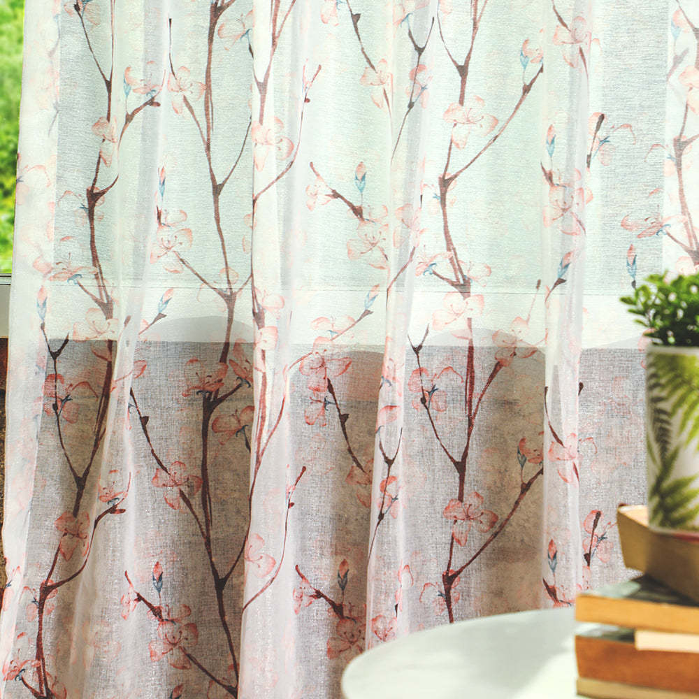 Elegant Floral Print Sheer Semi Transparent Curtain - Set of 2 -DS263A