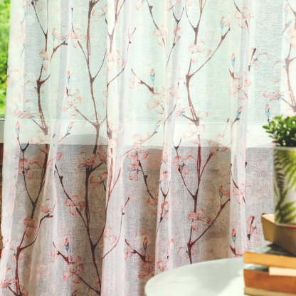 Elegant Floral Print Sheer Semi Transparent Curtain - Set of 2 -DS263A