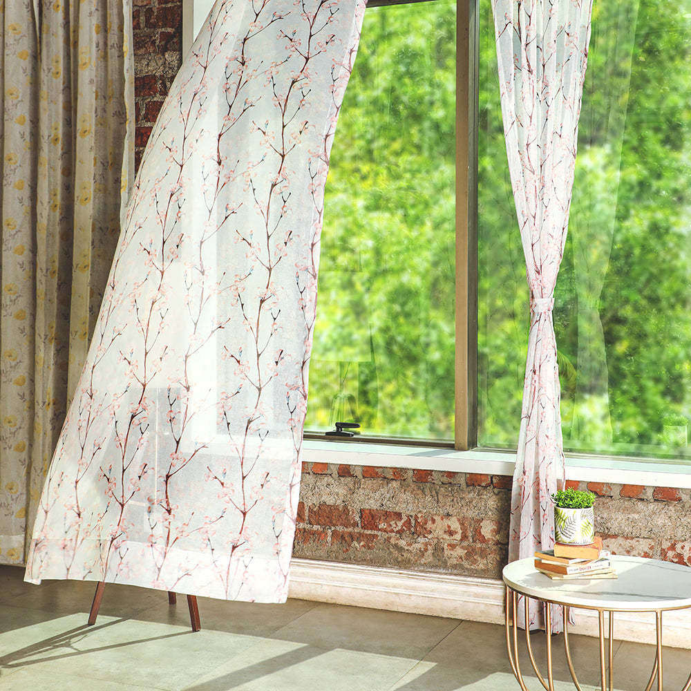 Elegant Floral Print Sheer Semi Transparent Curtain - Set of 2 -DS263A