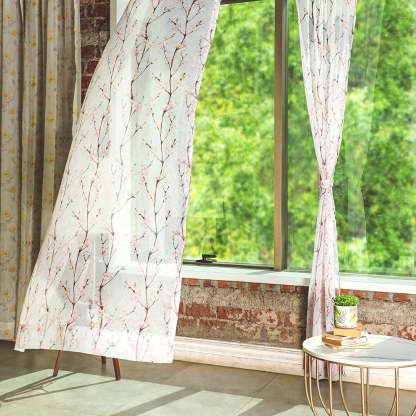 Elegant Floral Print Sheer Semi Transparent Curtain - Set of 2 -DS263A