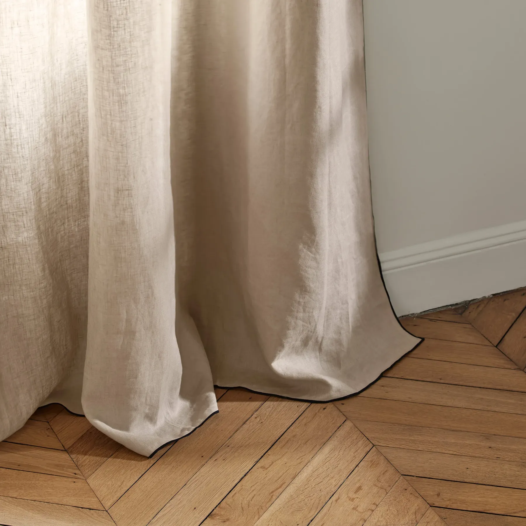 Carlina Sheer Washed Linen Curtain, Black Edged for a Refined Look