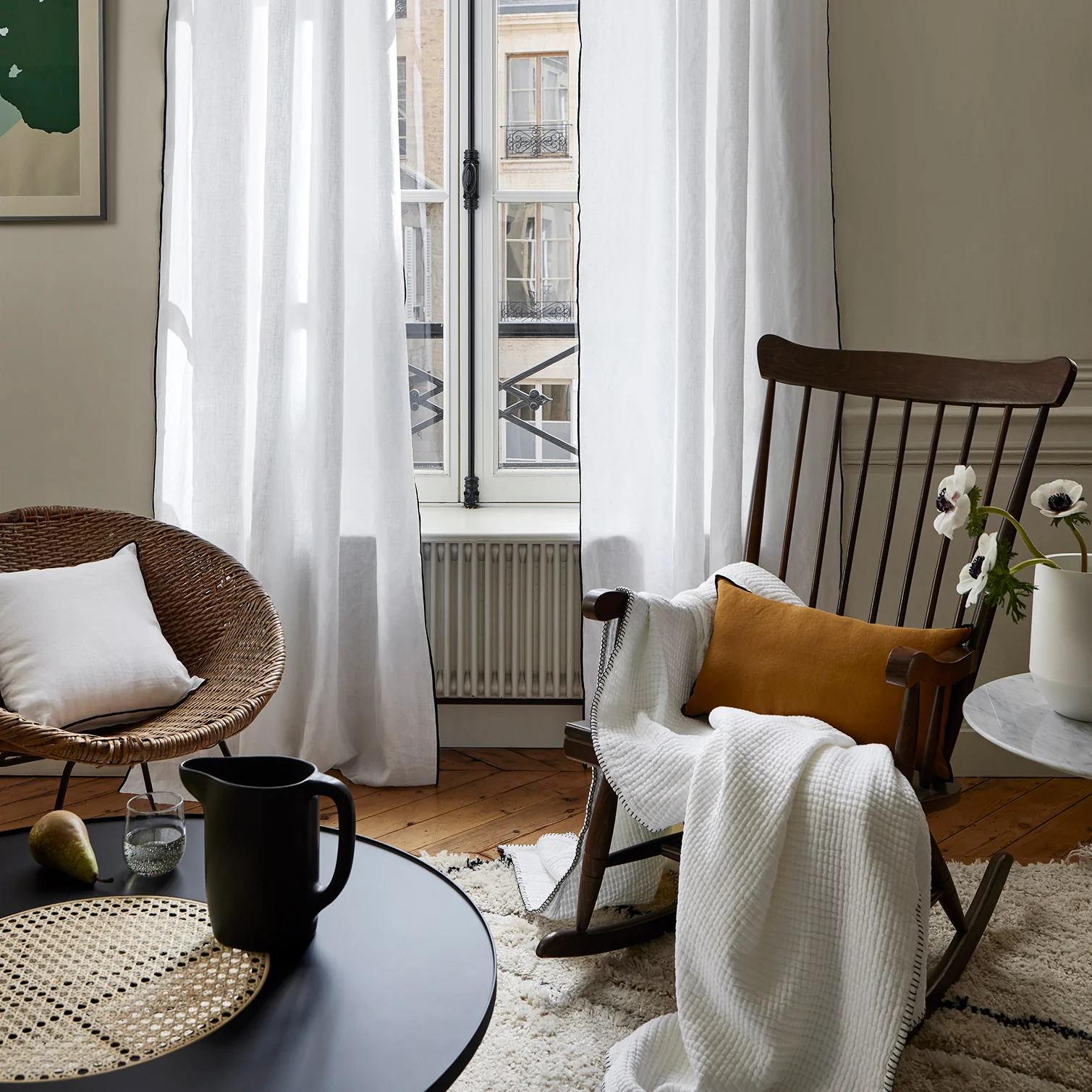 CARLINA Pure White Eyelet Curtains with Black Borden Trim