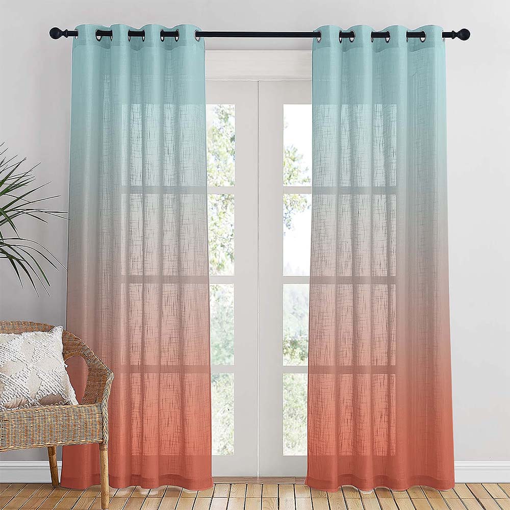 Meta 05 Ombre Dark Coral Linen Sheer Curtain Set of 2 -(Meta05)