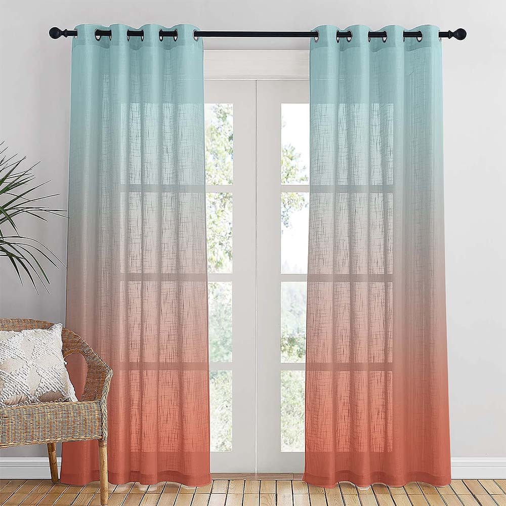 Meta 05 Ombre Dark Coral Linen Sheer Curtain Set of 2 -(Meta05)