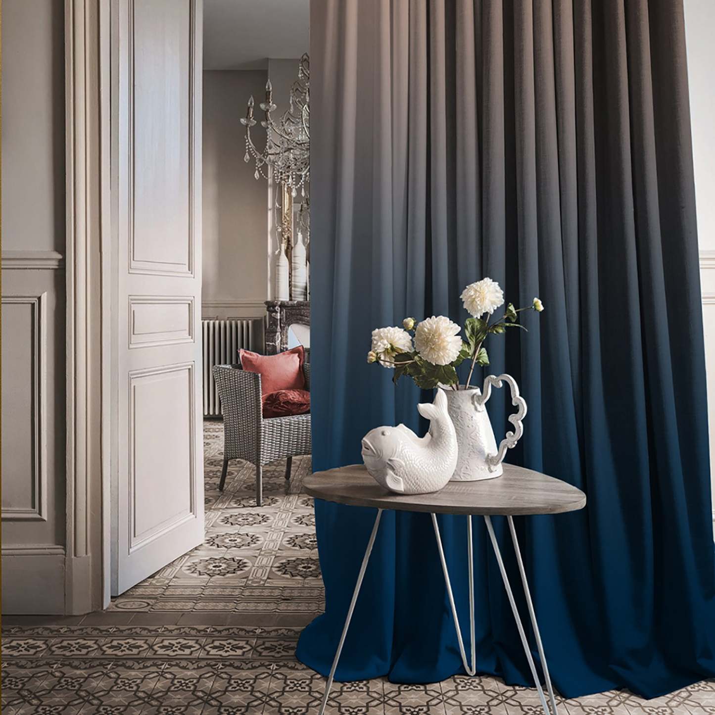 Elegant Ethnic & Ombre Print Combination Room Darkening Curtains - Set Of 4 Door Curtain (452AMR2) - Blue & Cream