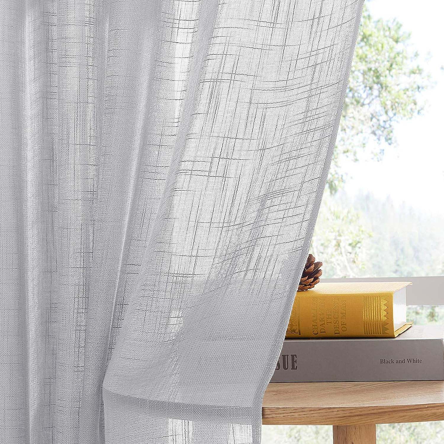 Elegant Plain Print Sheer Semi Transparent Curtain - Set of 2 -PLINENSHEERWHT