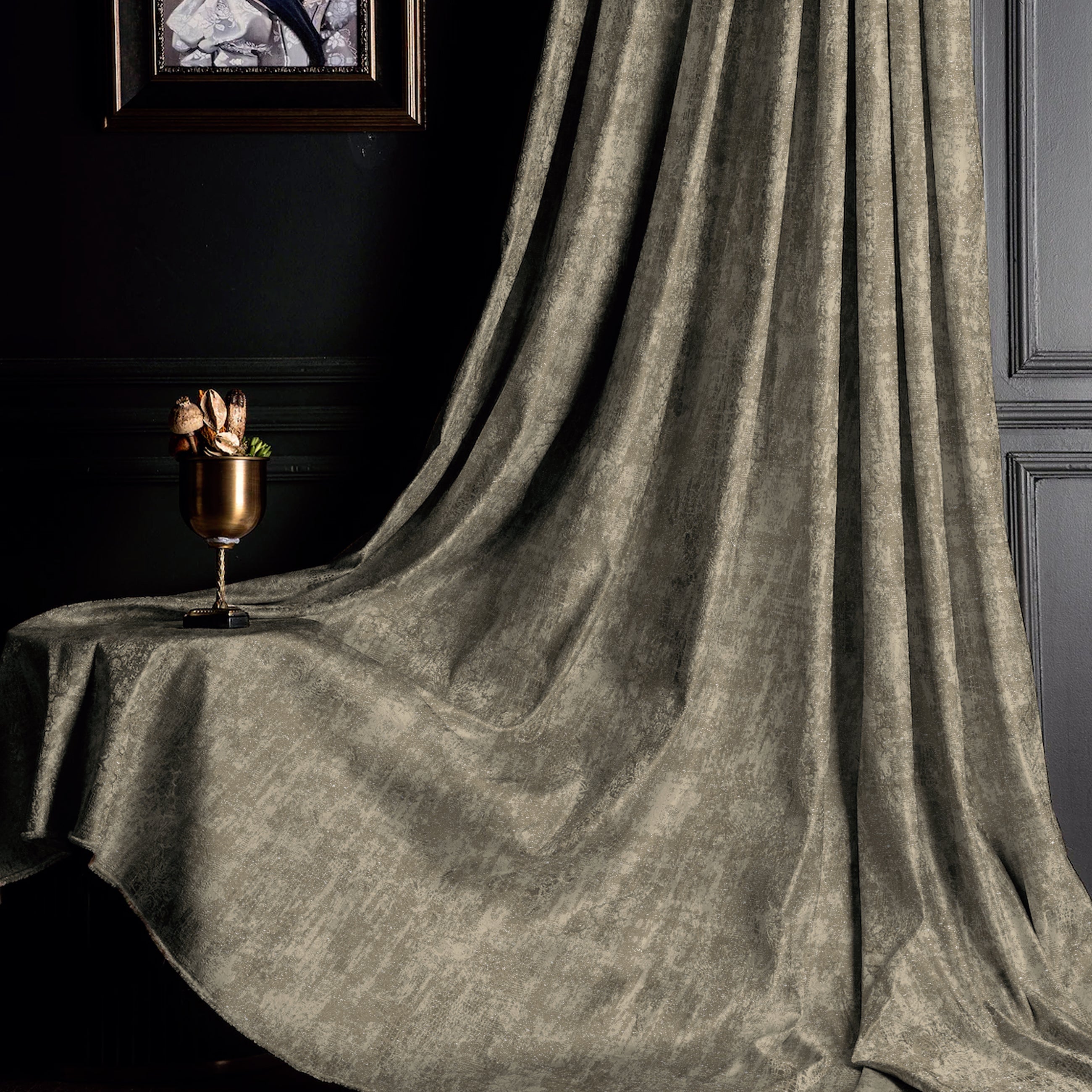 Jacquard Dark Vanilla Beige Room Darkening Curtain Set Of 2 -(DSWhisper15)