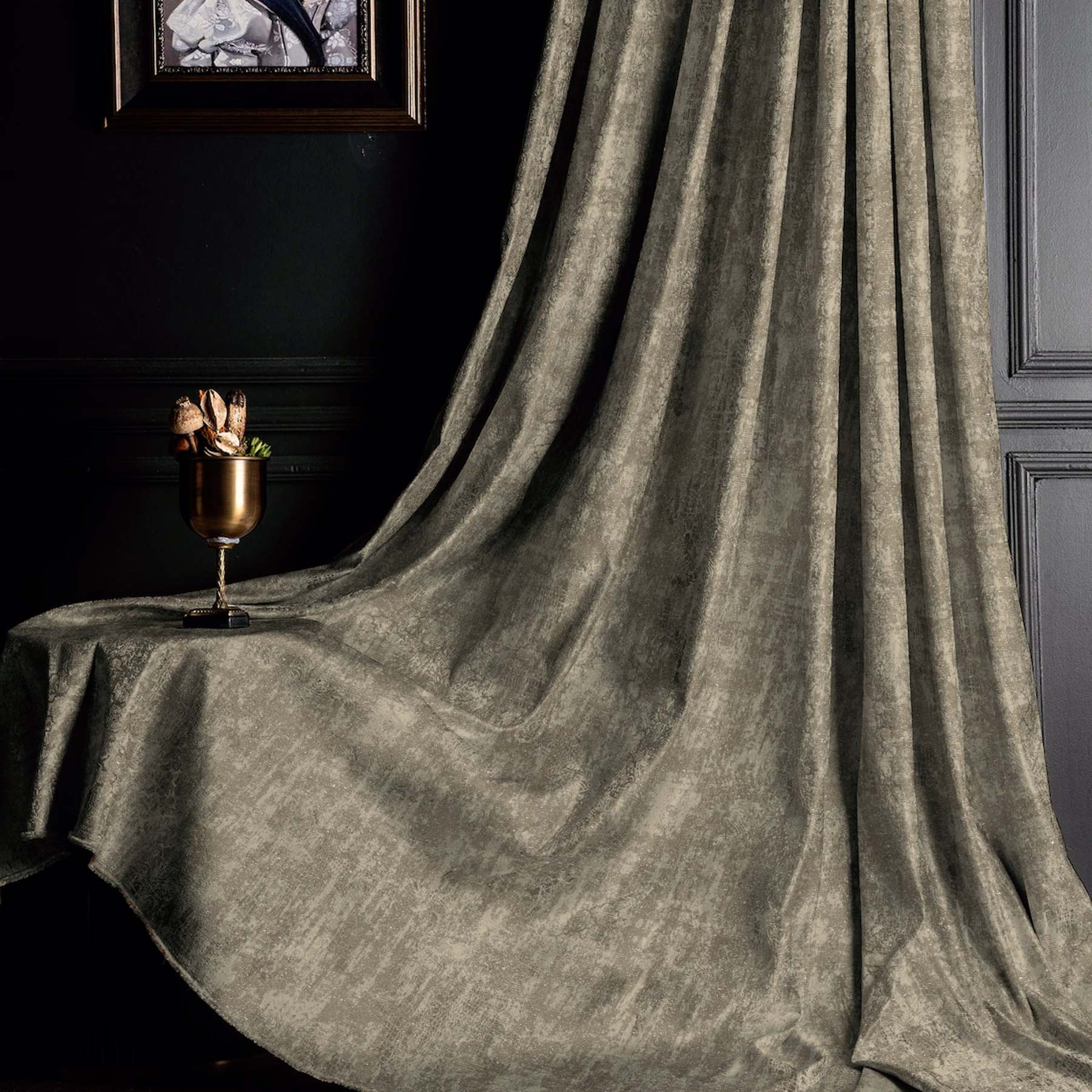 Jacquard Dark Vanilla Beige Room Darkening Curtain Set Of 2 -(DSWhisper15)