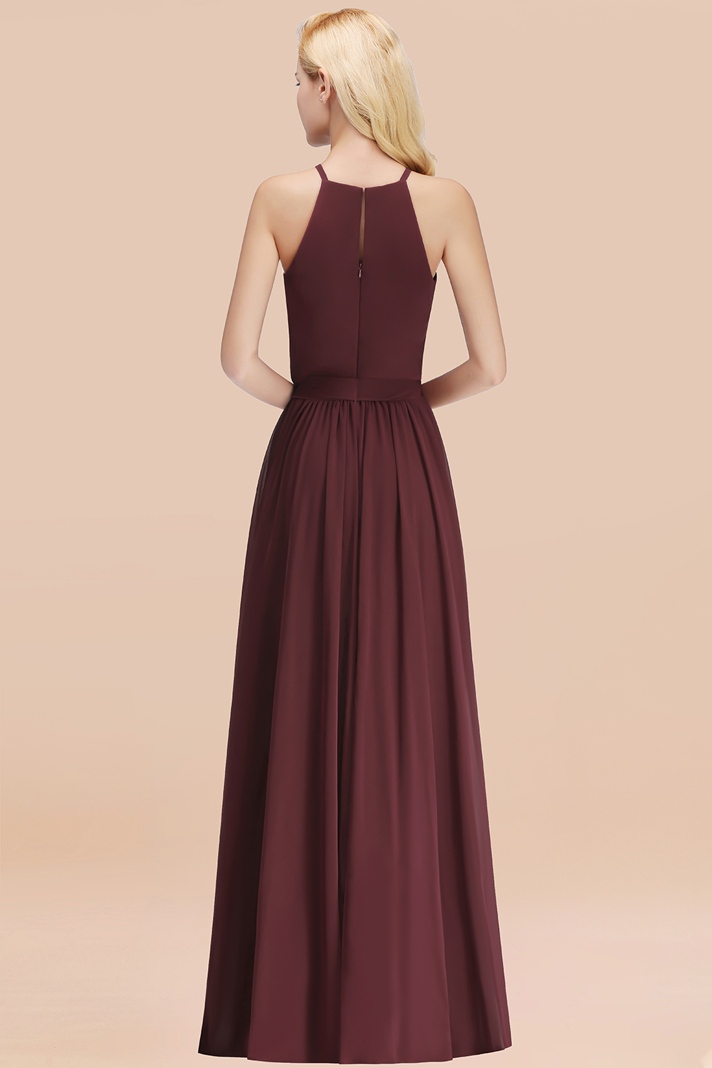 Chic Halter A-line Long Chiffon Bow Cabenet Bridesmaid Dresses