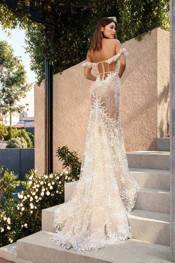 Beautiful Mermaid Off-the-shoulder Lace Sweep Train Wedding Dress Babyonlines