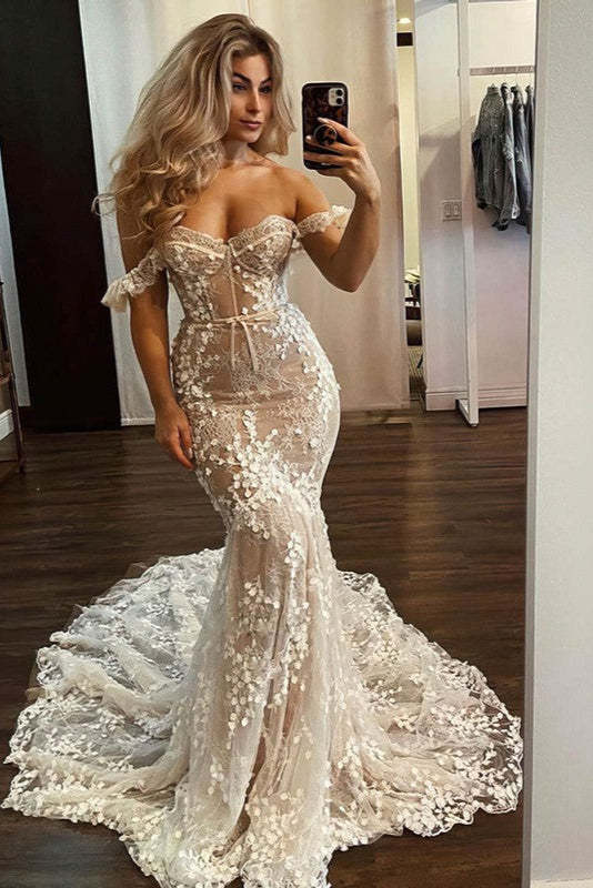 Beautiful Mermaid Off-the-shoulder Lace Sweep Train Wedding Dress Babyonlines