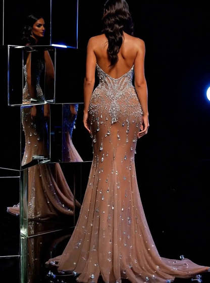 Heavy Sleeveless V Neck Long Tulle Mermaid Prom Dress