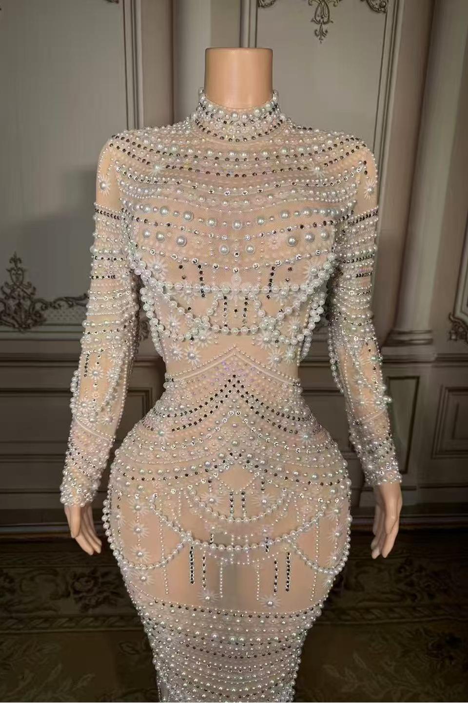 Lace Diamond Pearl High Neck Zipper Back Straight Prom Dress -babyonlines