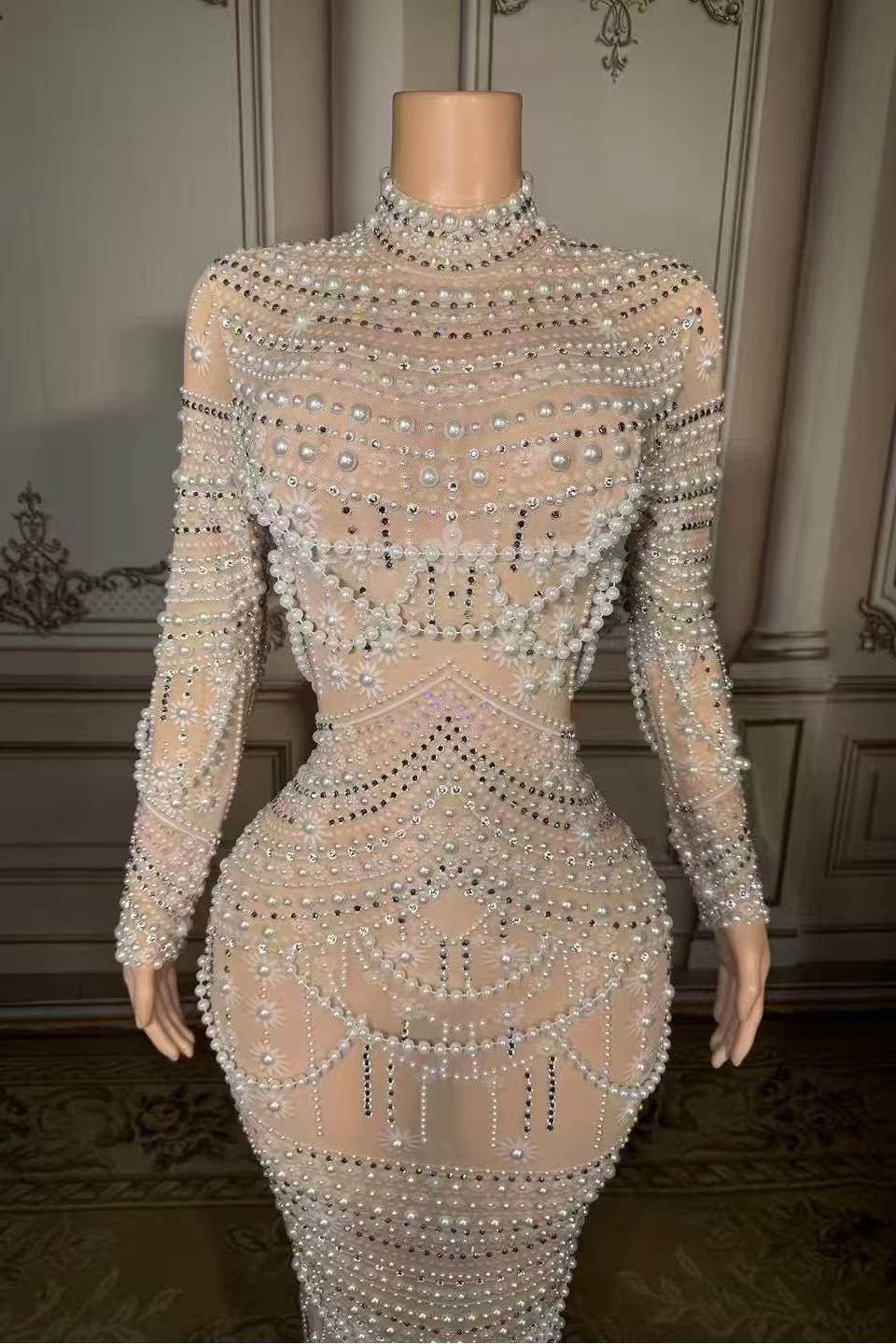Lace Diamond Pearl High Neck Zipper Back Straight Prom Dress -babyonlines