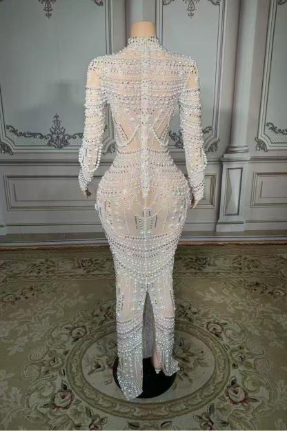 Lace Diamond Pearl High Neck Zipper Back Straight Prom Dress -babyonlines