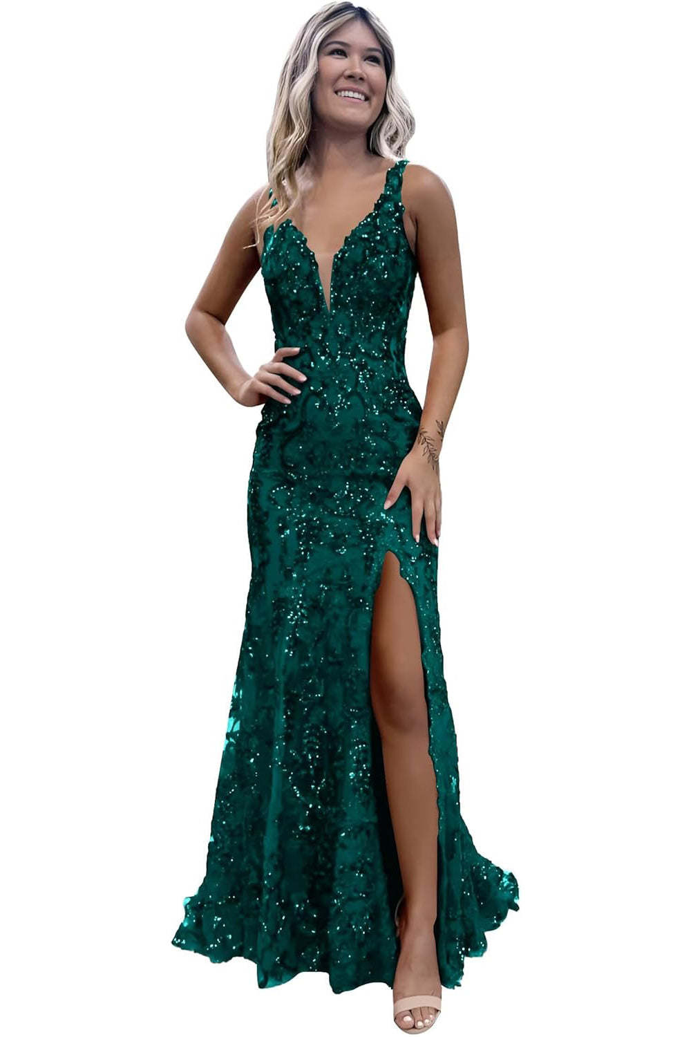 V-neck Backless Mermaid Long Sequined Prom Dress with Slit