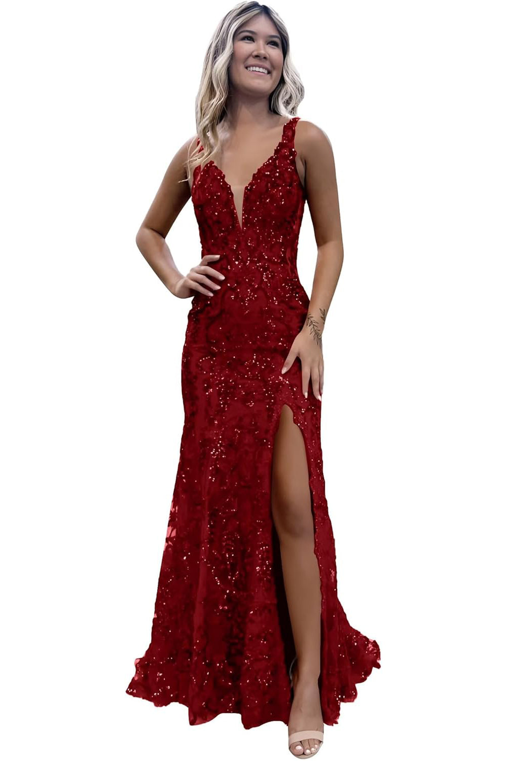 V-neck Backless Mermaid Long Sequined Prom Dress with Slit