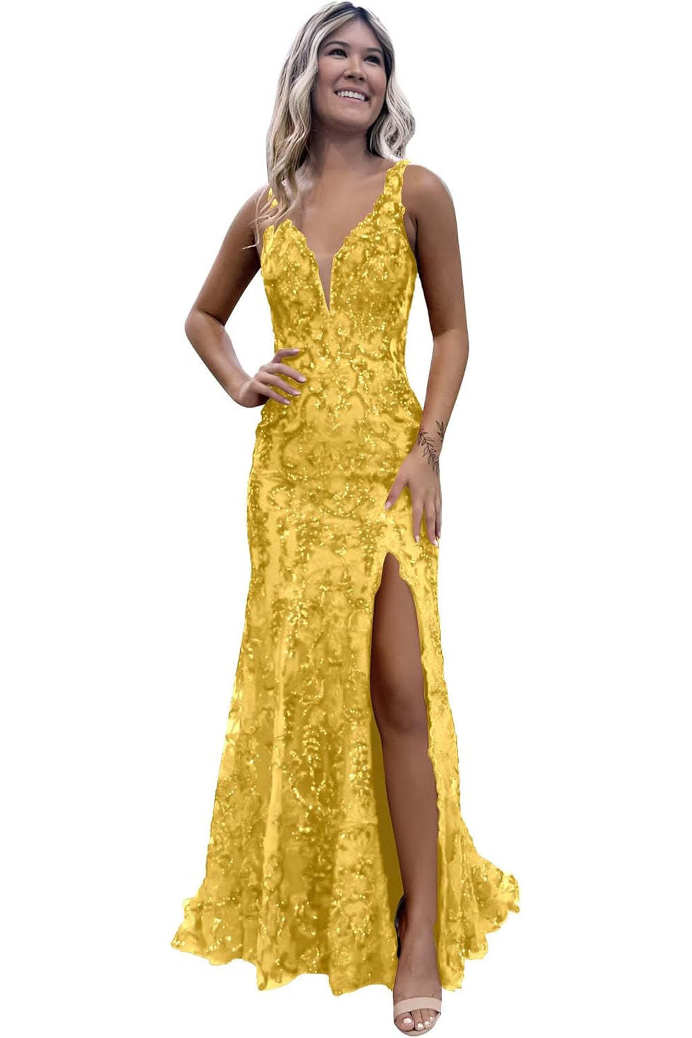 V-neck Backless Mermaid Long Sequined Prom Dress with Slit