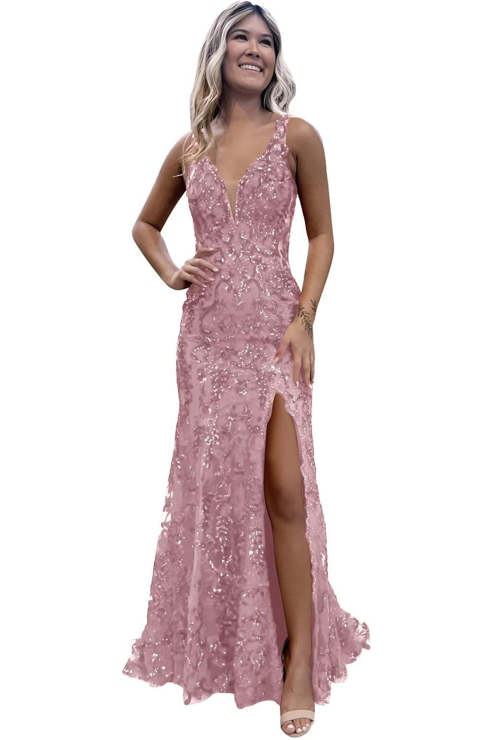 V-neck Backless Mermaid Long Sequined Prom Dress with Slit
